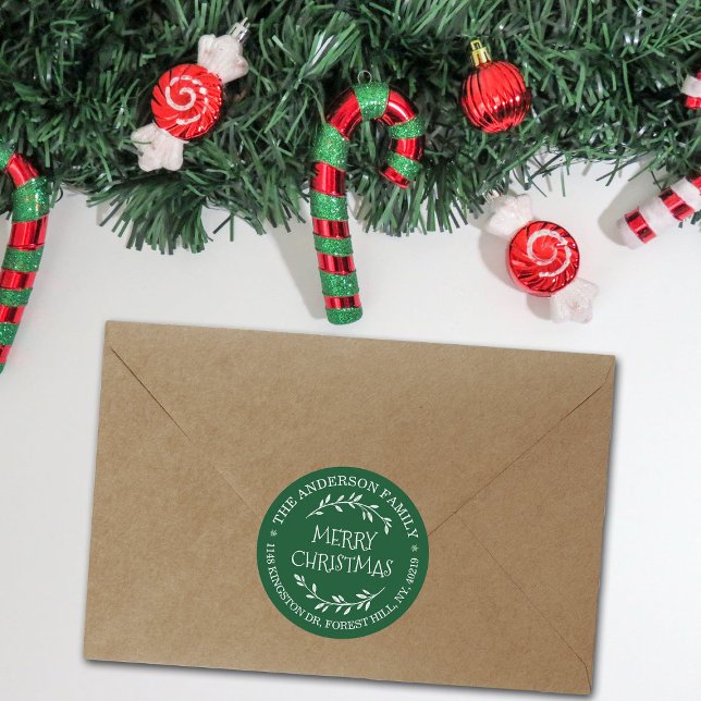Festive Green & White Custom Return Address Classic Round Sticker (Creator Uploaded)