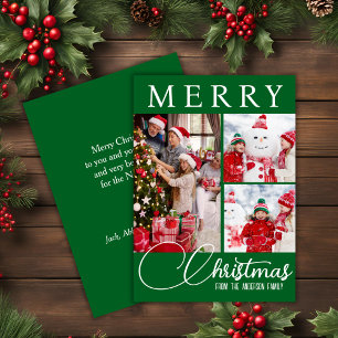 Festive Green & White Merry Christmas Three Photo Holiday Card