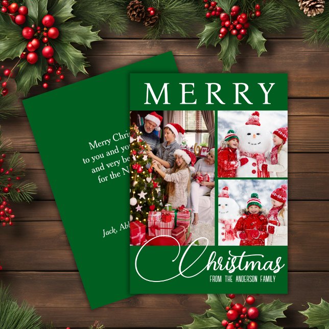 Festive Green & White Merry Christmas Three Photo Holiday Card (Festive Green & White Merry Christmas Three Photo Holiday Card)