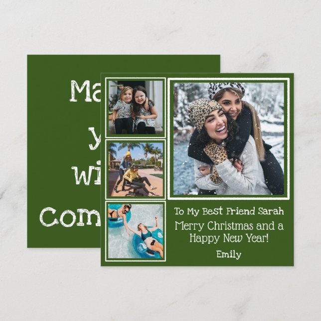 Festive Green White Photo Best Friend Christmas Card (Front/Back)
