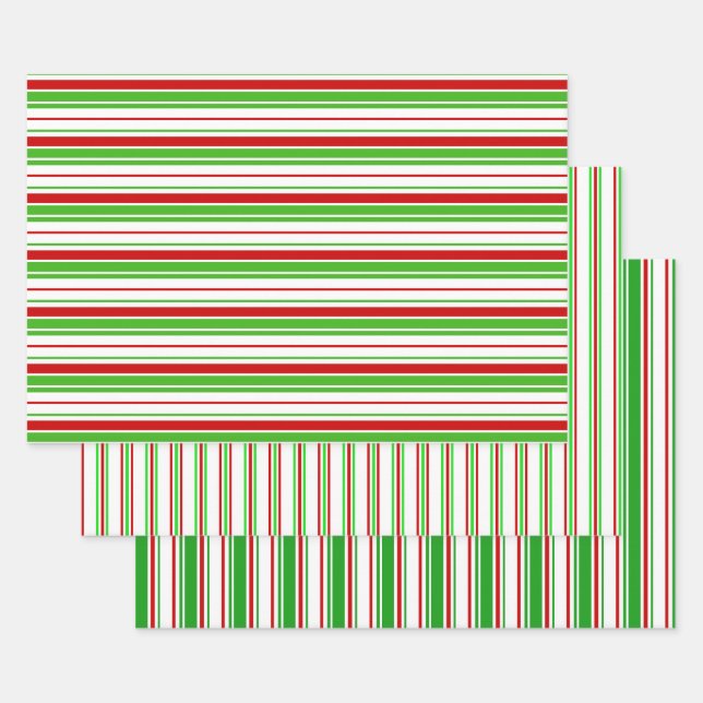 Festive Green, White, Red Christmas-Style Lines Wrapping Paper Sheet (Set)