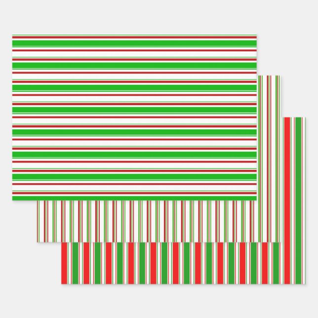 Festive Green, White, Red Christmas Themed Lines Wrapping Paper Sheet (Set)