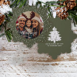 Festive Green White Snow Merry Christmas Photo Tree Decoration Card<br><div class="desc">Your favourite family photo against a festive green with a flurry of white snow background pattern.  Merry Christmas in a modern calligraphy script just the touch for a unique gift and keepsake for all your best wishes during this holiday season.</div>