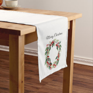 Festive Green Wreath,  Red Berries Merry Christmas Short Table Runner