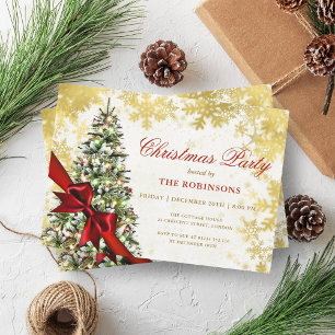 Festive Green Xmas Pine Tree, Gold & Red Ribbon  Invitation