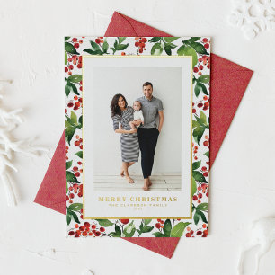 Festive Greenery and Winterberry Photo Christmas Foil Holiday Card