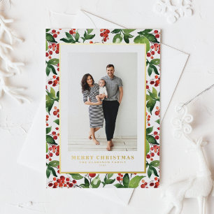 Festive Greenery and Winterberry Photo Christmas Foil Holiday Postcard