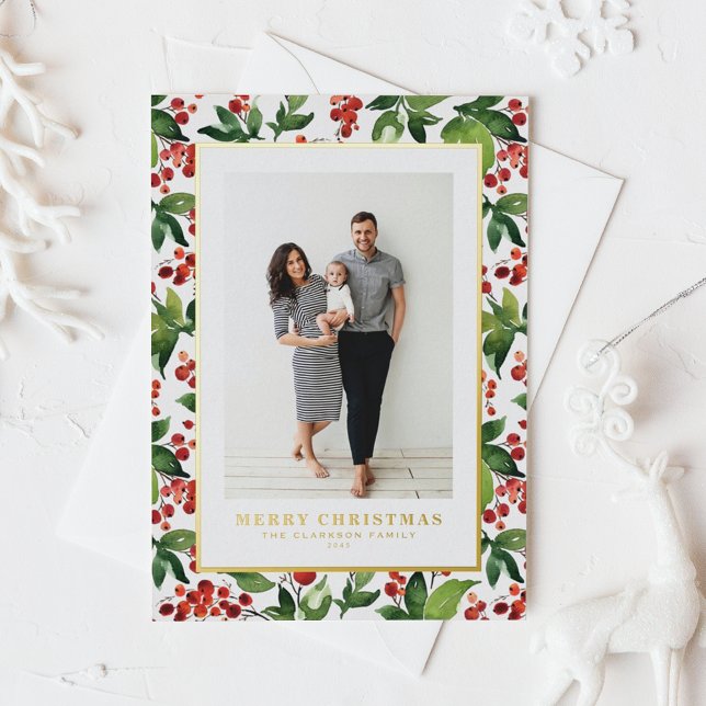 Festive Greenery and Winterberry Photo Christmas Foil Holiday Postcard (Watercolor Festive Winter Berries and Greenery Photo Merry Christmas Gold Foil Postcard)
