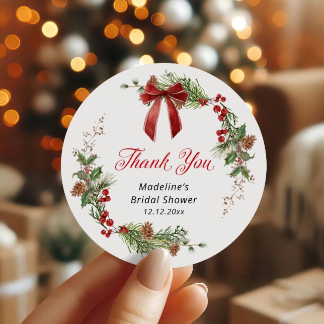 Festive Greenery Christmas Bridal Shower  Classic Round Sticker (Creator Uploaded)