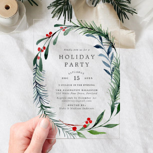 Festive Greenery & Holly Berries Wreath Holiday Acrylic Invitations