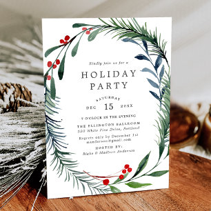 Festive Greenery & Holly Berries Wreath Holiday Invitation