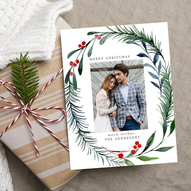 Festive Greenery & Holly Berries Wreath Photo Holiday Postcard (Creator Uploaded)