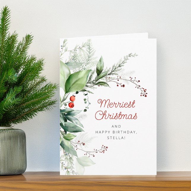 Festive Greenery Merry Christmas Happy Birthday Holiday Card (Festive Greenery Merry Christmas Happy Birthday Holiday Card)