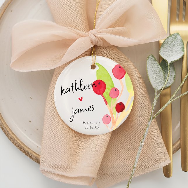 Festive Greenery Names Wedding Ceramic Tree Decoration (Festive Christmas Watercolor Red and Green Greenery Whimsical Names Wedding Ceramic Ornament)