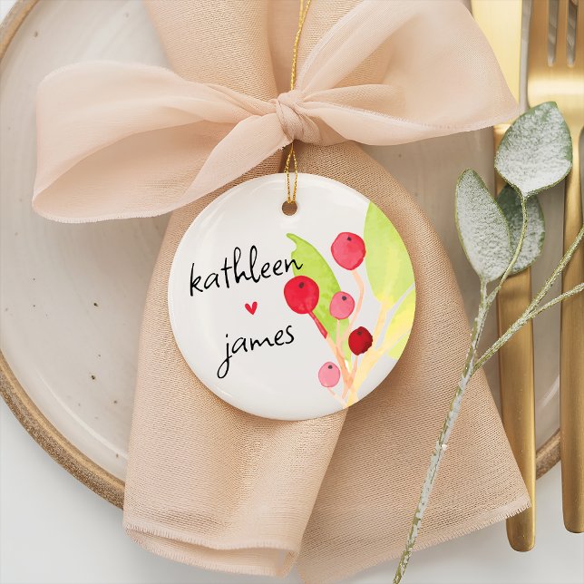 Festive Greenery Names Wedding Ceramic Tree Decoration (Festive Christmas Watercolor Red and Green Greenery Whimsical Names Wedding Ceramic Ornament)