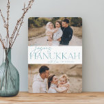Festive Greeting | 2 Photo Joyous Hanukkah Holiday Card<br><div class="desc">Our festive and elegant Hanukkah card design is the perfect way to show off two of your favourite family photos. Design features "Joyous Hanukkah" in soft teal serif typography and hand lettered script,  along with your family name. Cards reverse to a white star pattern.</div>
