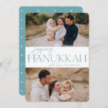 Festive Greeting | 2 Photo Joyous Hanukkah Holiday Card<br><div class="desc">Our festive and elegant Hanukkah card design is the perfect way to show off two of your favourite family photos. Design features "Joyous Hanukkah" in soft teal serif typography and hand lettered script,  along with your family name. Cards reverse to a white star pattern.</div>