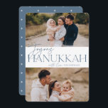 Festive Greeting | 2 Photo Joyous Hanukkah Holiday Card<br><div class="desc">Our festive and elegant Hanukkah card design is the perfect way to show off two of your favourite family photos. Design features "Joyous Hanukkah" in dusty slate blue serif typography and hand lettered script,  along with your family name. Cards reverse to a white star pattern.</div>
