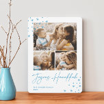 Festive Greeting | 3 Photo Collage Hanukkah Holiday Card<br><div class="desc">A retro meets modern Hanukkah photo card design featuring three of your favourite photos (one landscape/horizontal and two square) on a crisp white background accented with hand drawn stars at the corners. "Joyous Hanukkah" appears beneath in handwritten script lettering. Personalise with your family name and the year.</div>