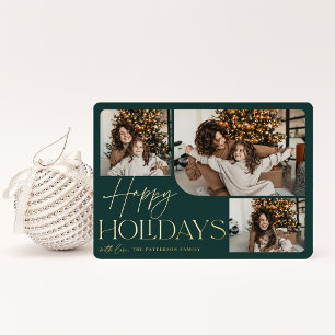 Festive Greeting Happy Holidays 3 Photo Foil Holiday Card