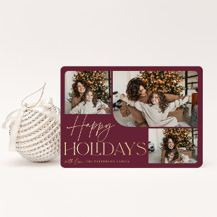 Festive Greeting   Happy Holidays 3 Photo Foil Holiday Card