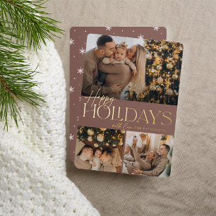 Festive Greeting Happy Holidays 3 Photo Foil Holiday Card