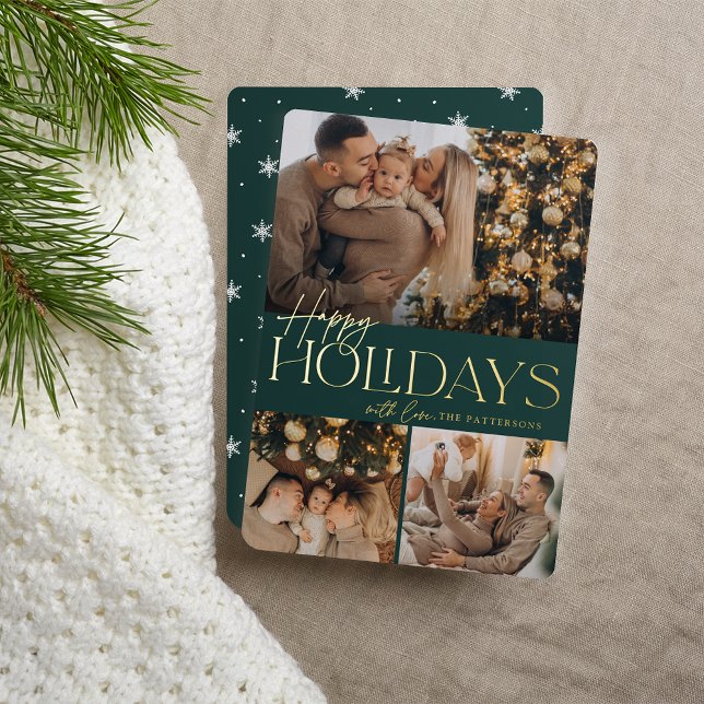 Festive Greeting | Happy Holidays 3 Photo Foil Holiday Card (Creator Uploaded)
