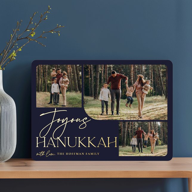 Festive Greeting | Joyous Hanukkah 3 Photo Collage Foil Holiday Card (Creator Uploaded)