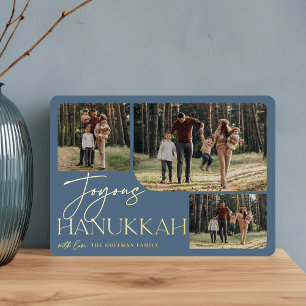 Festive Greeting Joyous Hanukkah 3 Photo Collage Foil Holiday Card