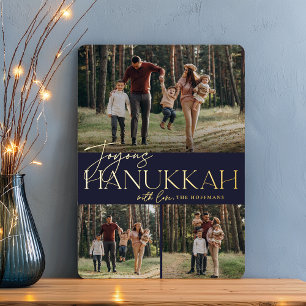 Festive Greeting Joyous Hanukkah 3 Photo Foil Holiday Card