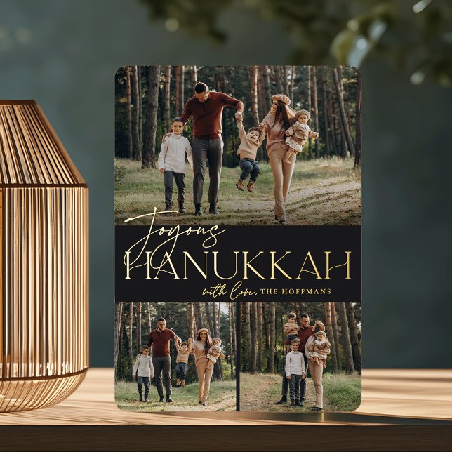 Festive Greeting | Joyous Hanukkah 3 Photo Foil Holiday Card (Creator Uploaded)