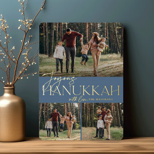 Festive Greeting Joyous Hanukkah 3 Photo Foil Holiday Card