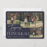 Festive Greeting | Joyous Hanukkah 3 Photo Holiday Card<br><div class="desc">Our festive and elegant Hanukkah card design is the perfect way to show off three of your favourite family photos. Horizontal or landscape orientated design features "Joyous Hanukkah" in white typography and hand lettered script,  with your family name beneath on a midnight blue background.</div>