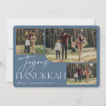 Festive Greeting | Joyous Hanukkah 3 Photo Holiday Card<br><div class="desc">Our festive and elegant Hanukkah card design is the perfect way to show off three of your favourite family photos. Horizontal or landscape orientated design features "Joyous Hanukkah" in white typography and hand lettered script,  with your family name beneath on a dusty slate blue background.</div>
