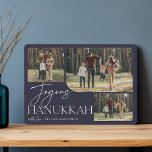 Festive Greeting | Joyous Hanukkah 3 Photo Holiday Card<br><div class="desc">Our festive and elegant Hanukkah card design is the perfect way to show off three of your favourite family photos. Horizontal or landscape orientated design features "Joyous Hanukkah" in white typography and hand lettered script,  with your family name beneath on a midnight blue background.</div>