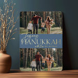 Festive Greeting | Joyous Hanukkah Two Photo Foil Holiday Card<br><div class="desc">Our festive and elegant Hanukkah card design is the perfect way to show off two of your favourite family photos. Design features "Joyous Hanukkah" in shining gold foil typography and hand lettered script,  with your family name. Cards reverse to a white star pattern.</div>