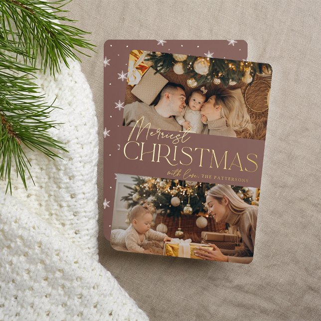 Festive Greeting | Merriest Christmas 2 Photo Foil Holiday Card (Creator Uploaded)