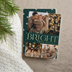 Festive Greeting   Merry & Bright 3 Photo Foil Holiday Card