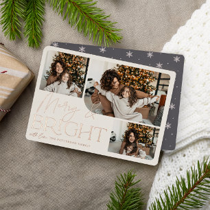 Festive Greeting   Merry & Bright 3 Photo Foil Holiday Card