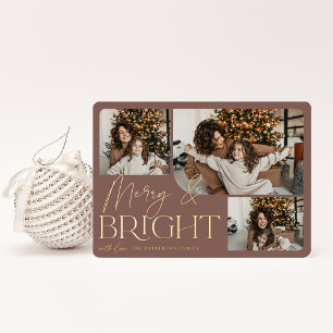Festive Greeting   Merry & Bright 3 Photo Foil Holiday Card