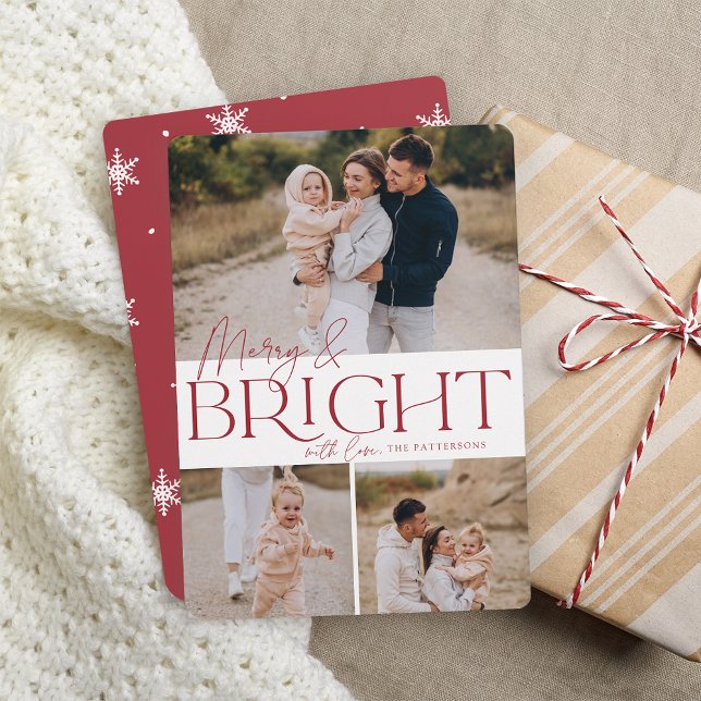 Festive Greeting | Merry & Bright 3 Photo Holiday Card (Creator Uploaded)