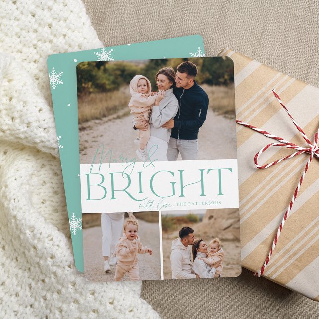 Festive Greeting | Merry & Bright 3 Photo Holiday Card (Creator Uploaded)