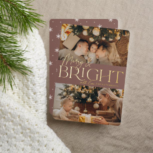 Festive Greeting Merry & Bright Two Photo Foil Holiday Card