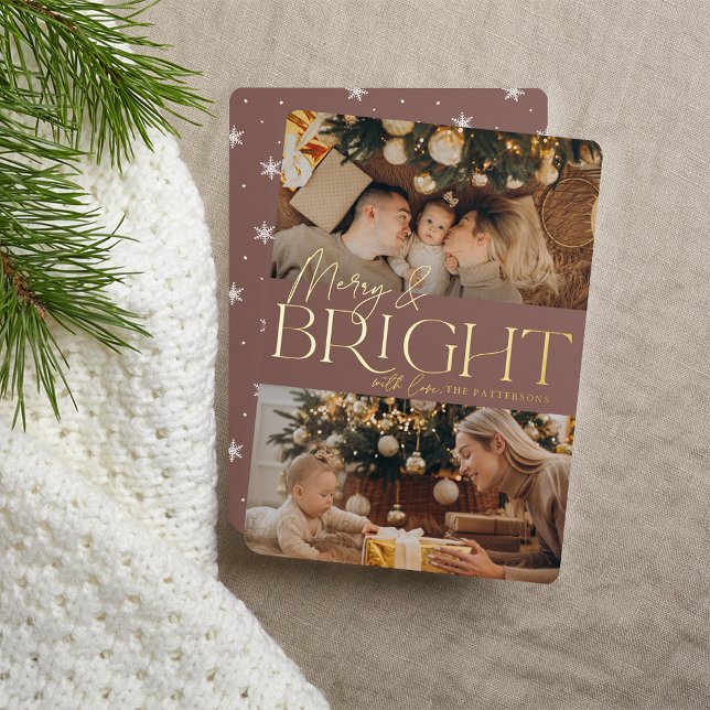 Festive Greeting | Merry & Bright Two Photo Foil Holiday Card (Creator Uploaded)