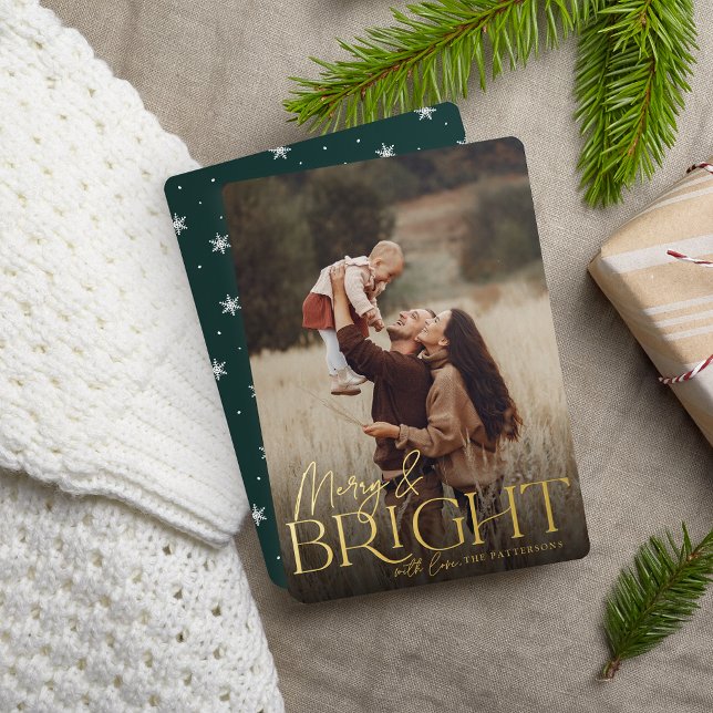 Festive Greeting | Merry & Bright Vertical Photo Foil Holiday Card (Creator Uploaded)