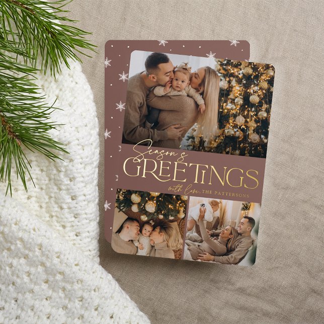Festive Greeting | Season's Greetings 3 Photo Foil Holiday Card (Creator Uploaded)