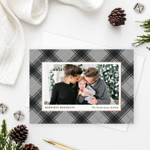 Festive Grey and Rose Gold Tartan Plaid Photo Foil Holiday Card