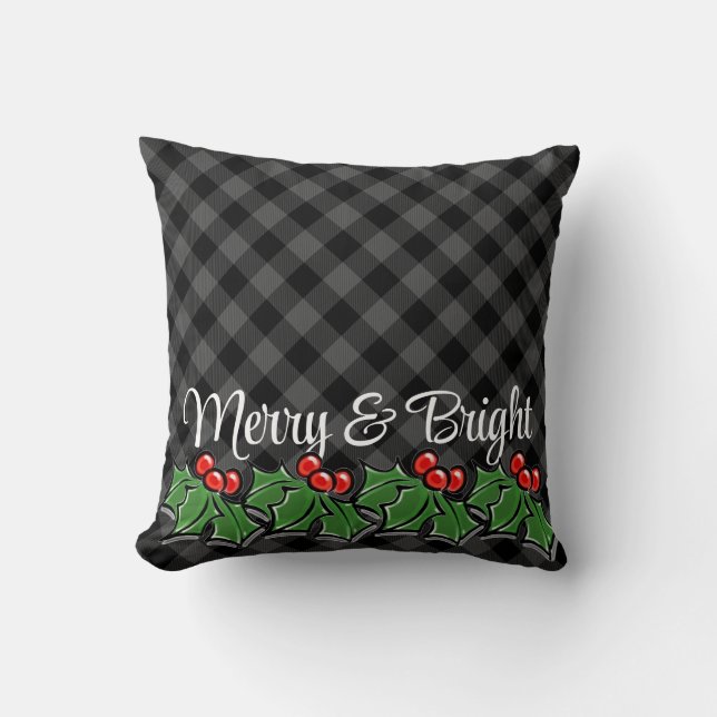 Festive grey black plaid holly leaves berries cushion (Front)