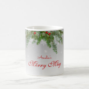 Festive Grey Christmas Pine & Snowflakes Merry Mug