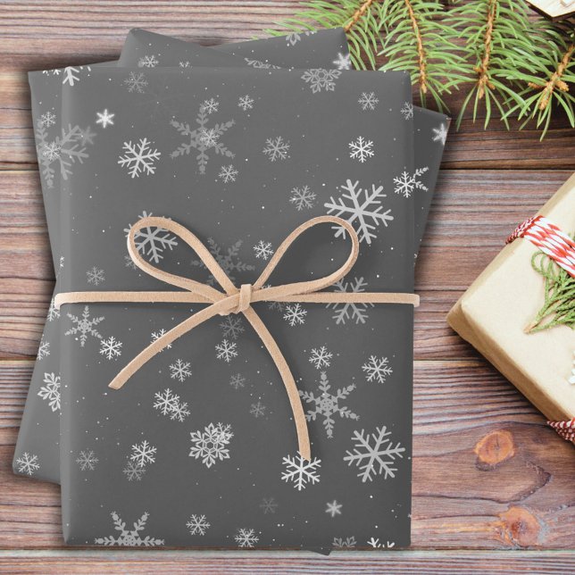 Festive Grey White Snowflake Pattern Holiday Wrapping Paper Sheet (Creator Uploaded)